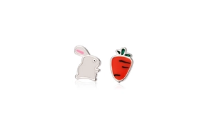 Close-up of S925 sterling silver asymmetrical carrot and bunny enamel stud earrings