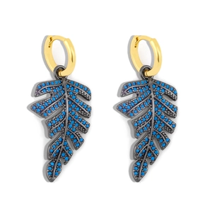 Elegant gold leaf earrings with blue rhinestones in a minimalist nature-inspired design