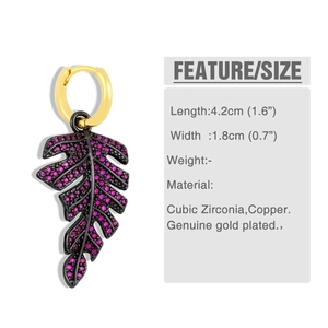 Detailed view of leaf earrings with purple zircons and dimensions of 4.2cm by 1.8cm