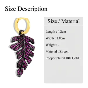 Detail view of leaf earrings showing dimensions 4.2cm by 1.8cm in gold and purple