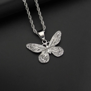Hip hop style butterfly pendant necklace with silver plating and sparking crystals