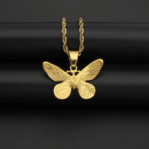 Hiphop gold butterfly pendant necklace with rhinestone inlay and rope chain for men and women