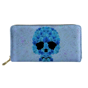 Blue faux leather long wallet featuring a rose skull pattern and golden metal zipper
