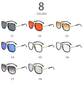 Detail view of large frame sunglasses with double bridge metal frames in 8 diverse colors