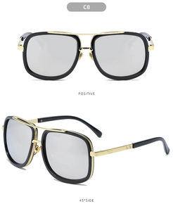 Detailed views of C8 black and gold aviator sunglasses with silver mirrored lenses