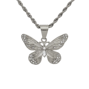 Macro shot of silver hiphop butterfly pendant with rhinestones on a twist chain link