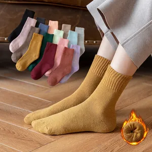 Women Winter Thick Thermal Terry Socks Cotton Knitted Warm Solid Color Mid-Calf House Floor Socks For Cold Weather