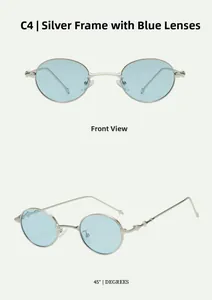 Detail view of oval metal sunglasses with blue lenses and wavy geometric temples