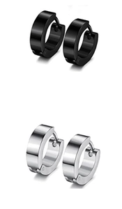 Detail view of round titanium steel earrings in black and silver metallic finishes