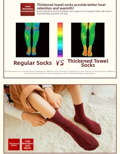 Macro detail of thick dark red thermal socks showing plush lining and heat retention test