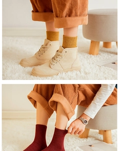 Detail shot of cozy burgundy thermal crew socks paired with brown corduroy trousers