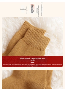 Close-up of thick thermal wool socks showing the elastic ribbed cuff on soft plush