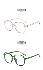 Detail view of transparent tea and green octagon frame glasses with metal hinge accents
