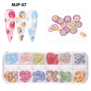 Macro shot of 12-slot box containing colorful daisy wood pulp nail art floral sequins