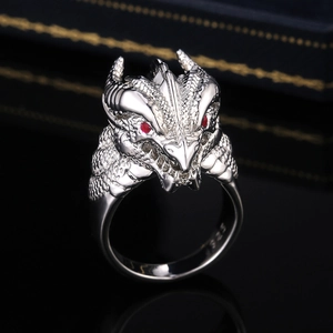 Exquisite silver dragon head ring for men with red gemstone eyes and scale details