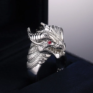 Exquisite silver dragon head ring for men with red gemstone eye on black velvet box