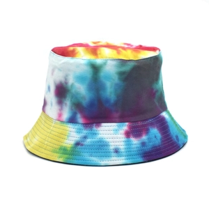Close-up of multi-color tie-dye cotton bucket hat with parallel reinforced brim stitching