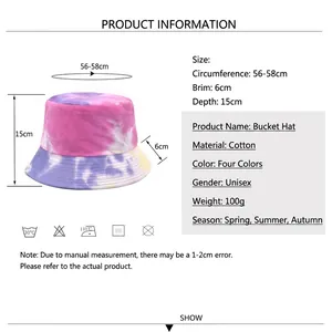 Pink and purple tie-dye cotton bucket hat with dimensions 56-58cm for outdoor travel