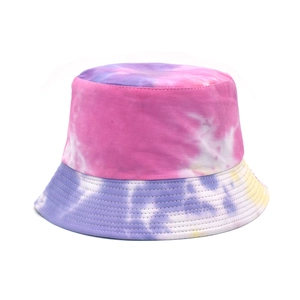 Detailed view of tie-dye bucket hat with pink and purple cotton fabric and stitched brim