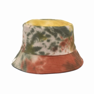 Close-up of tie-dye bucket hat showing multi-row stitching on the wide brim