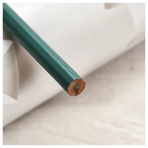Crayon de Noël vert en bois avec mine en graphite montrant le grain du bois naturel
