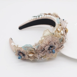 Baroque champagne padded headband with lace flowers, blue crystals and pearls