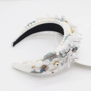 Baroque white sponge headband with pearl embroidery, lace petals and rhinestones decoration