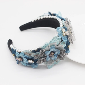Baroque blue sponge headband with lace flowers, white pearls and crystal rhinestones