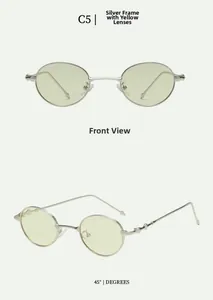 Detailed view of oval metal sunglasses with silver frame and yellow tinted lenses
