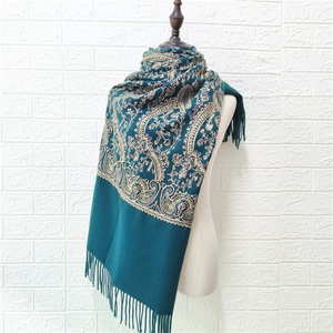 Dark green cashmere-feel shawl with gold paisley embroidery and elegant fringe