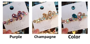 Detailed views of crystal butterfly hair clips in purple, champagne and multicolor sets