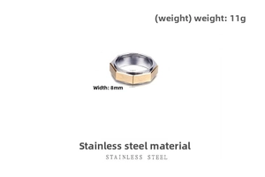 Détail d'une bague géométrique en acier de 8mm montrant un poids de 11g et deux tons