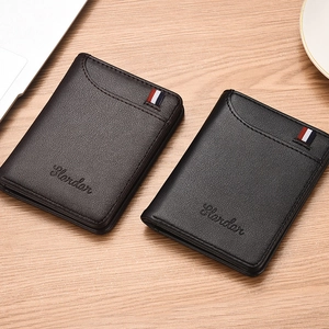 Slim leather bifold wallets for men in dark brown and black with stripe detail