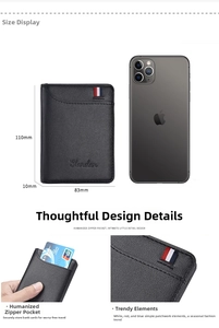 Slim men's black leather wallet detail showing compact 110x83x10mm size and card slot