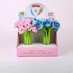 Close-up of 0.5mm rose-shaped silicone pens in pink and blue display box