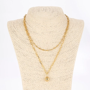 Minimalist gold double layer chain necklace with round ball pendant on neck model