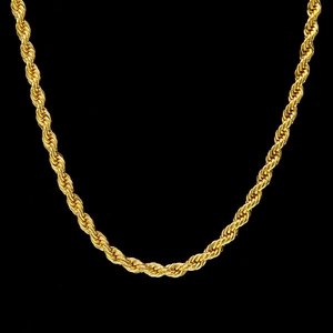 Close-up of 3mm gold-plated 18K rope chain necklace with polished metallic texture
