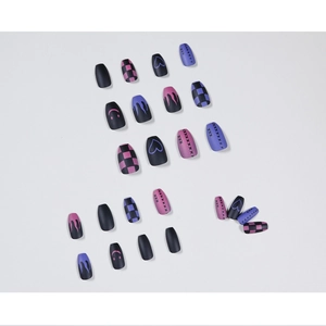 Y2K matte press-on nails with black and purple flame checkers and heart designs