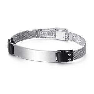 Men's stainless steel mesh bracelet with black leather and silver engravable plate