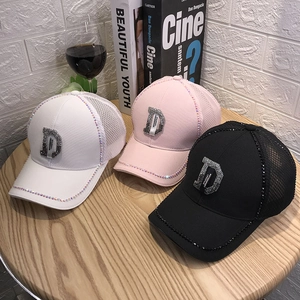 Breathable mesh baseball cap with rhinestone letter D design in white, pink, and black colors