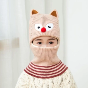 Detail of baby bear style knit balaclava with warm neck warmer in coffee brown