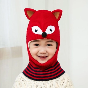 Red kids hooded knitted fox hat with fleece lining and integrated neck warmer scarf