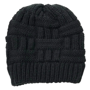 Detail of black thick knit beanie featuring textured geometric pattern and ribbed edge