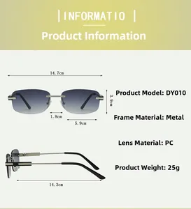 Detailed size specifications for rimless sunglasses showing metal frame measurements