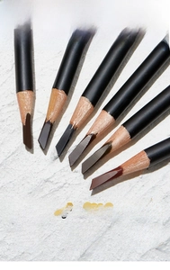 Detail view of 6-piece assorted eyebrow pencil set with sharp machete-style wood tips