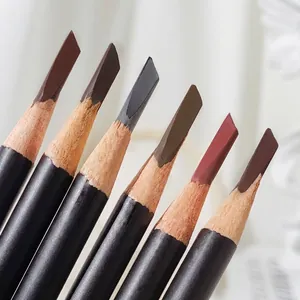 Macro detail of six professional wooden eyebrow pencils with flat angled blade tips