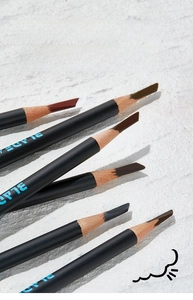 Close-up of blade-shaped waterproof eyebrow pencils in various natural shades