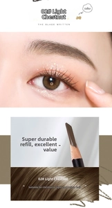 Detail of 02 Light Chestnut eyebrow pencil with sword-cut tip and makeup effect on skin