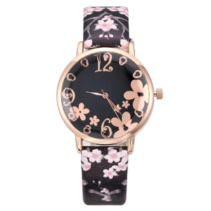 Women's quartz watch with rose gold case, floral black dial and cherry blossom strap