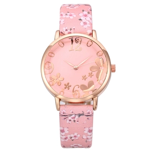 Women's quartz watch with floral rose gold case and pink patterned leather strap